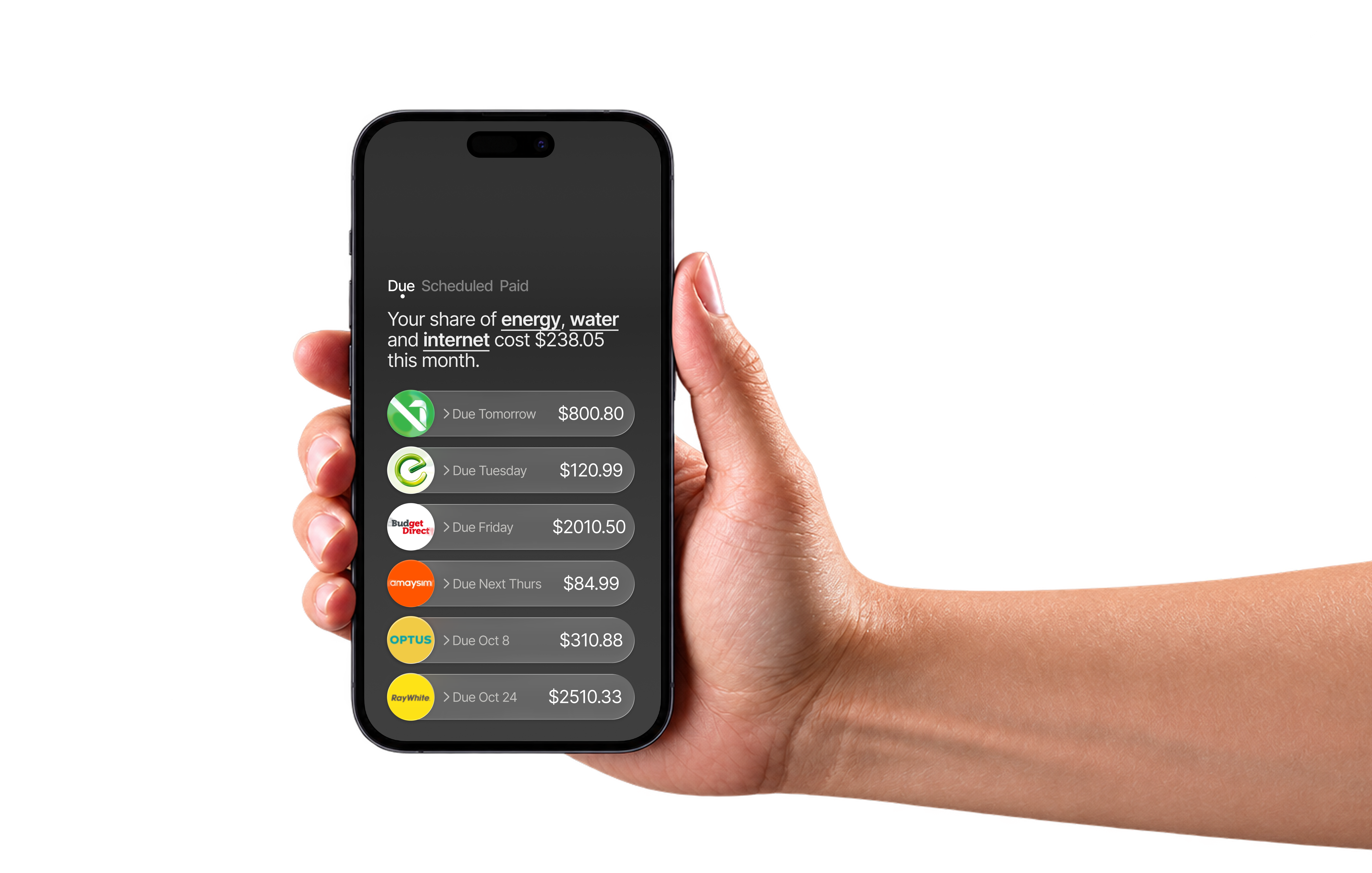 Billee bills dashboard displayed on a phone held in a hand